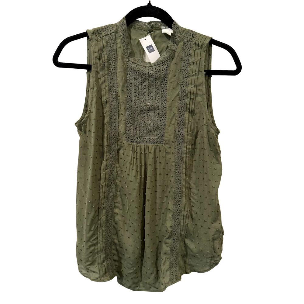 Gap Green Pintuck Lace Trim Tank Top Clip-Dot Size XS Boho Chic Earthtone NEW